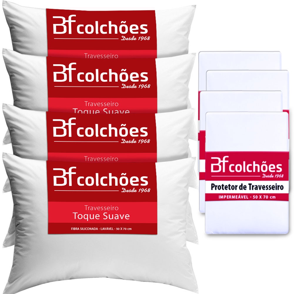 Kit 4 Travesseiros Fibra Siliconada Lavável Antialérgico 50x70cm + 4 Capas Impermeável BF Colchões