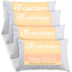 Kit 4 Travesseiros 100 Algodão Antialérgico Percal 300 Fios Extramacio 50x70cm - BF Colchões