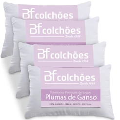 Kit 4 Travesseiros Fibras Pluma de Ganso 100 Algodão Percal 300 Fios Premium 50x70cm - BF Colchões