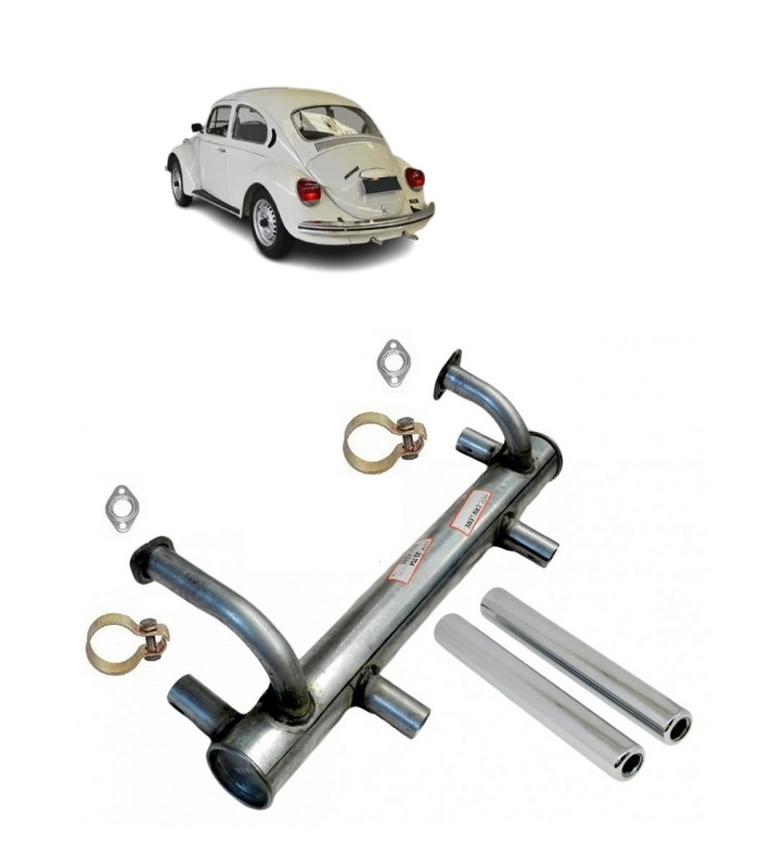 Escapamento Fusca 1300 1500 1600 67/86 Sem Pré Aquecimento e 2 Ponteiras Reta Cromada