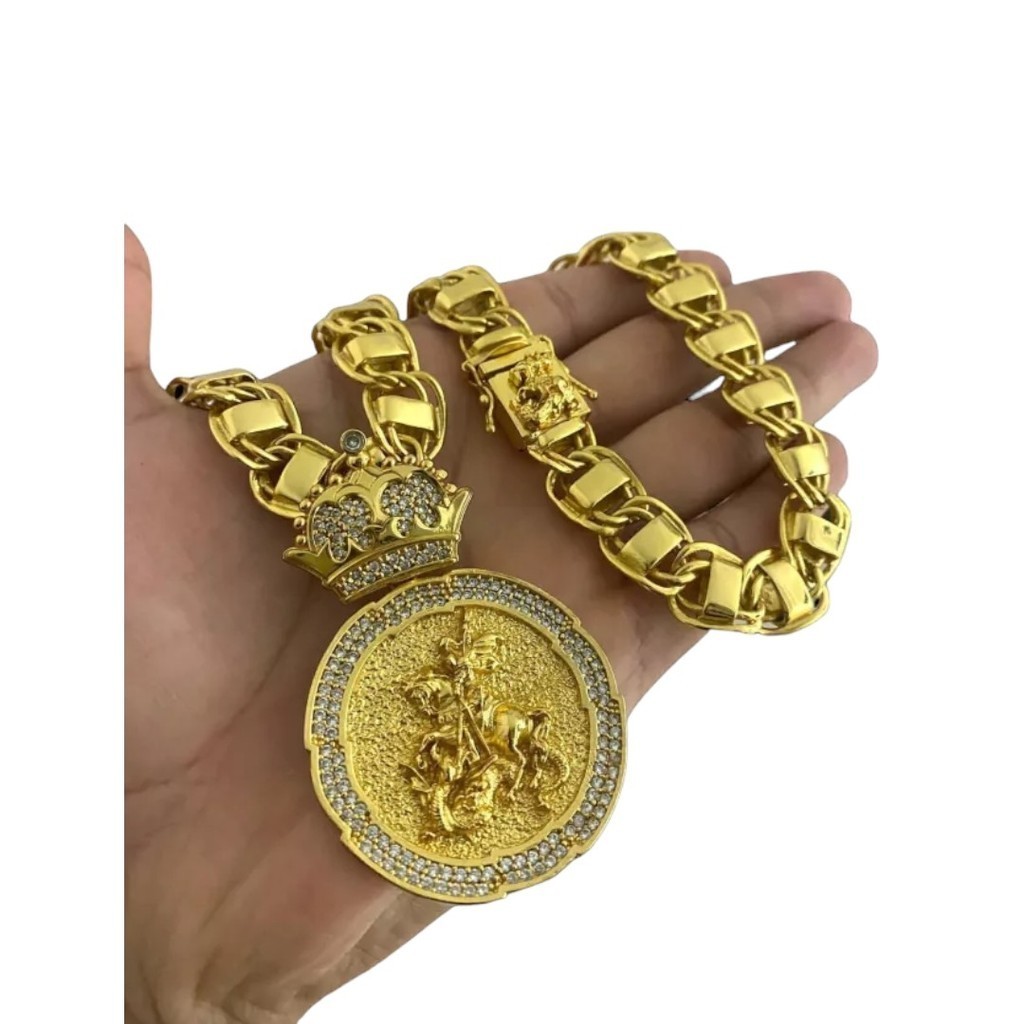 Cordão Dubai 15mm Fecho São Jorge + Pingente São Jorge Banhado Ouro