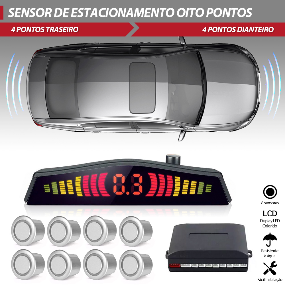 Sensor Dianteiro e Traseiro Prata Chevrolet Celta 2011 2012 2013 2014 Estacionamento Ré 8 Oito Pontos Aviso Sonoro
