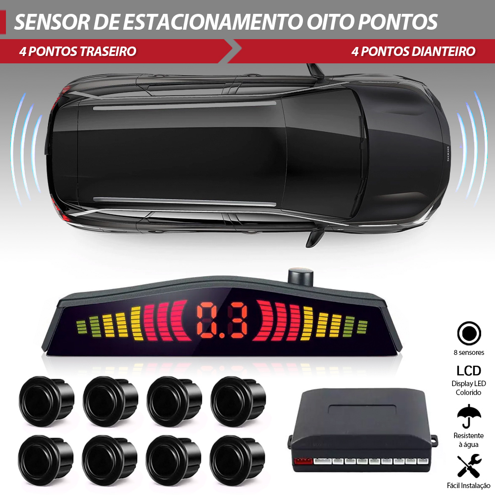 Sensor Dianteiro e Traseiro Preto Chevrolet Montana 2009 2010 2011 2012 2013 2014 Ré 8 Oito Pontos Aviso Sonoro