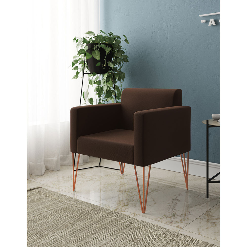 POLTRONA DECORATIVA TURIM PÉS HAIRPIN COBRE TECIDO SUEDE MARROM