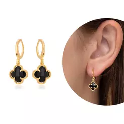 Brinco Trevo Pedra Cristal Preto Virginia Argolinha Banhado a Ouro 18k