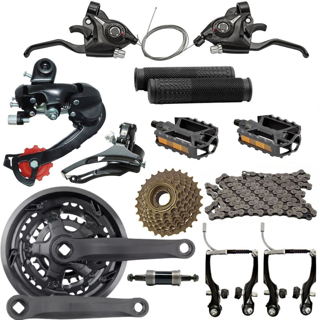 Kit 21vel Marcha Bicicletas aro 26 e 29 V-brake Alavancas Cambios Catraca Corrente Pedivela Pedal
