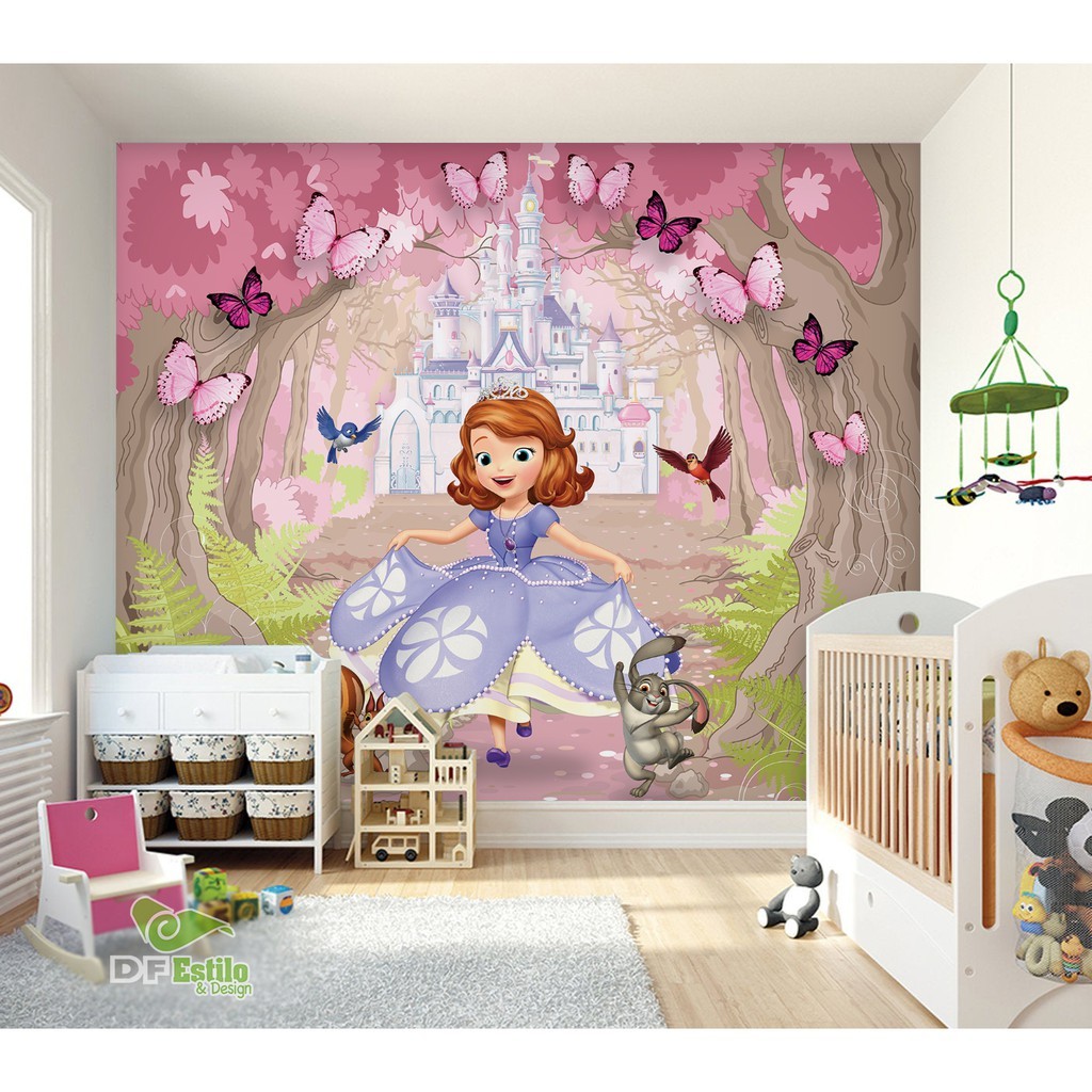 Papel de Parede Infantil Princesinha Sofia Floresta Rosa Encantada Quarto de Menina