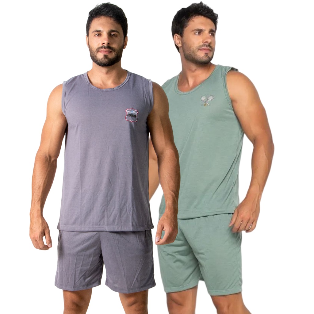 KIT 2 Pijamas Regata Curto Masculino Verão Moda Conforto Linha Noite