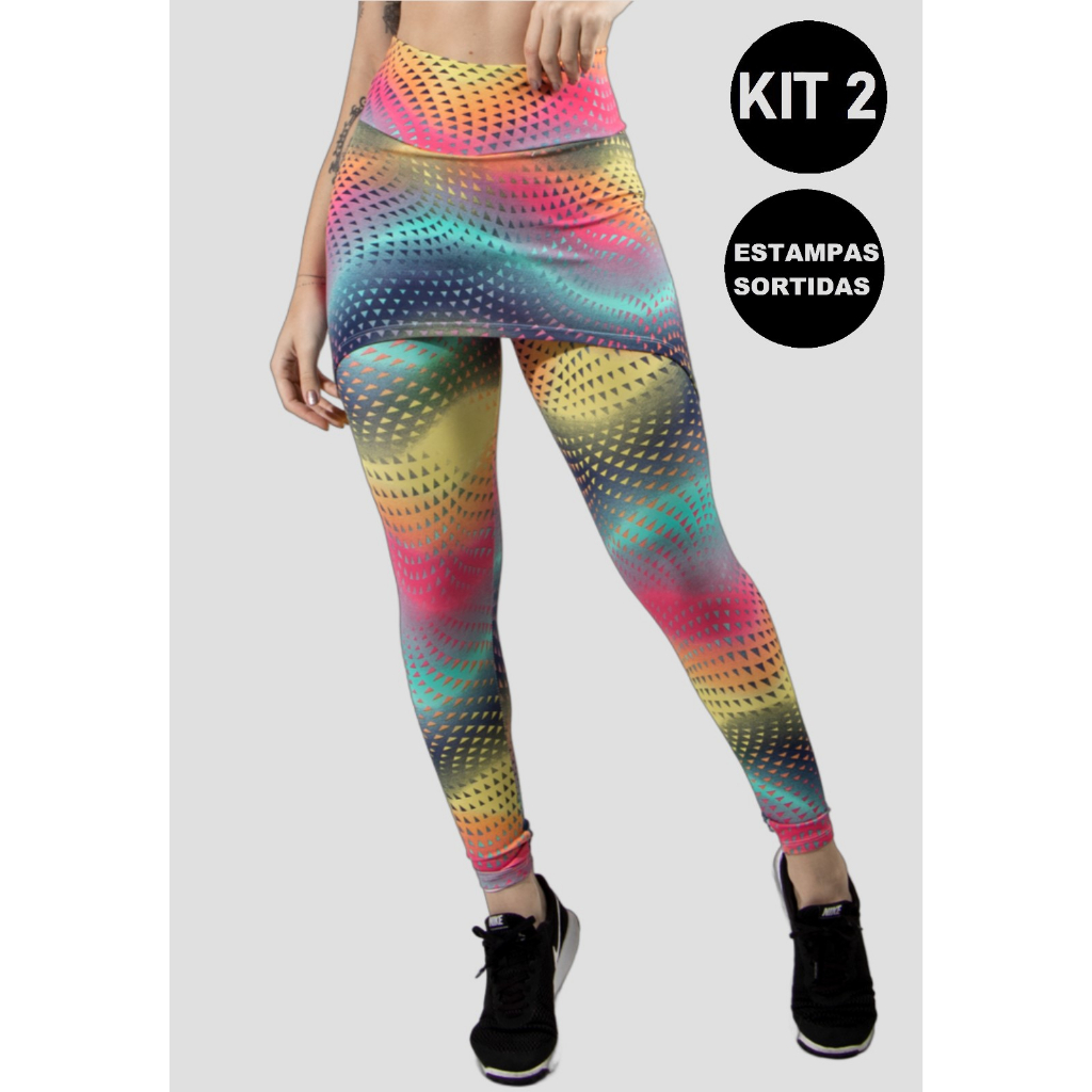 KIT 2 Calças Legging Saia Tapa Bumbum Estampada Fitness Academia Akira Fitness