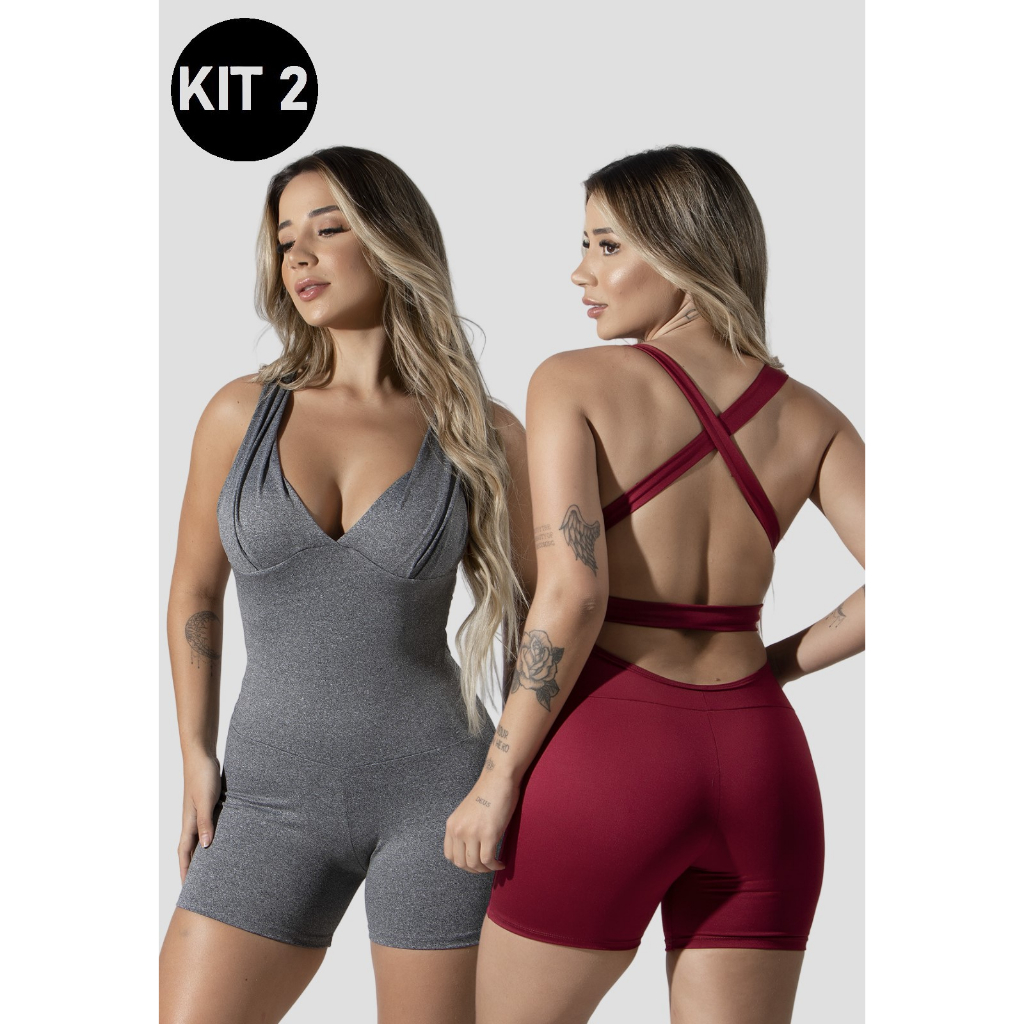 Kit 2 Macaquinhos Akira Fitness Curto Feminino Moda Fitness Roupa Para Academia Bojo Suplex Liso