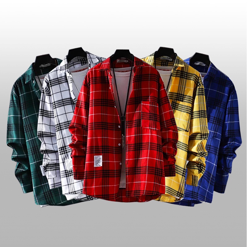 Camisa Listrada Masculina Loose Plaid Coreana Da Moda Algodão Manga Comprida Senhoras