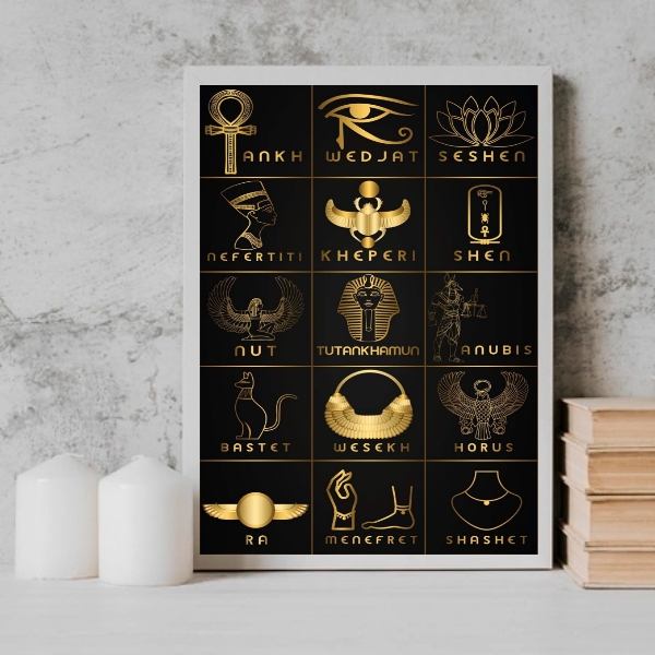 Quadro Decorativo Símbolos Egípcios - Moldura Preta