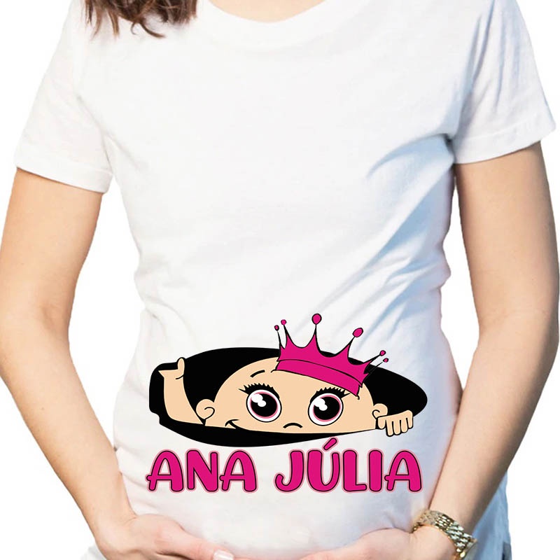 1 Camiseta Gestante bebê Menina Bebê  Espiando branca ou morena grávida Informar Nome via Chat