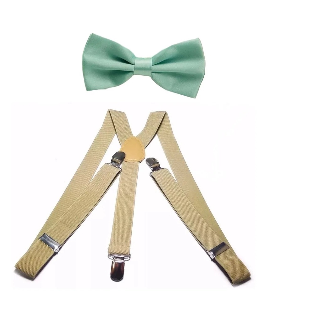Kit Suspensório Bege + Gravata Borboleta Verde Tiffany SS:244/247