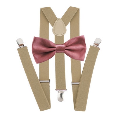 Kit Suspensório Bege + Gravata Borboleta Rosa Seco Gold
