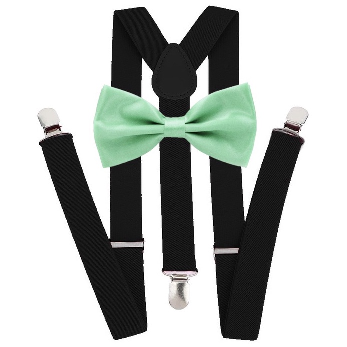 Kit Suspensório Preto + Gravata Borboleta Verde Tiffany Adulto e Infantil Ref:244/247
