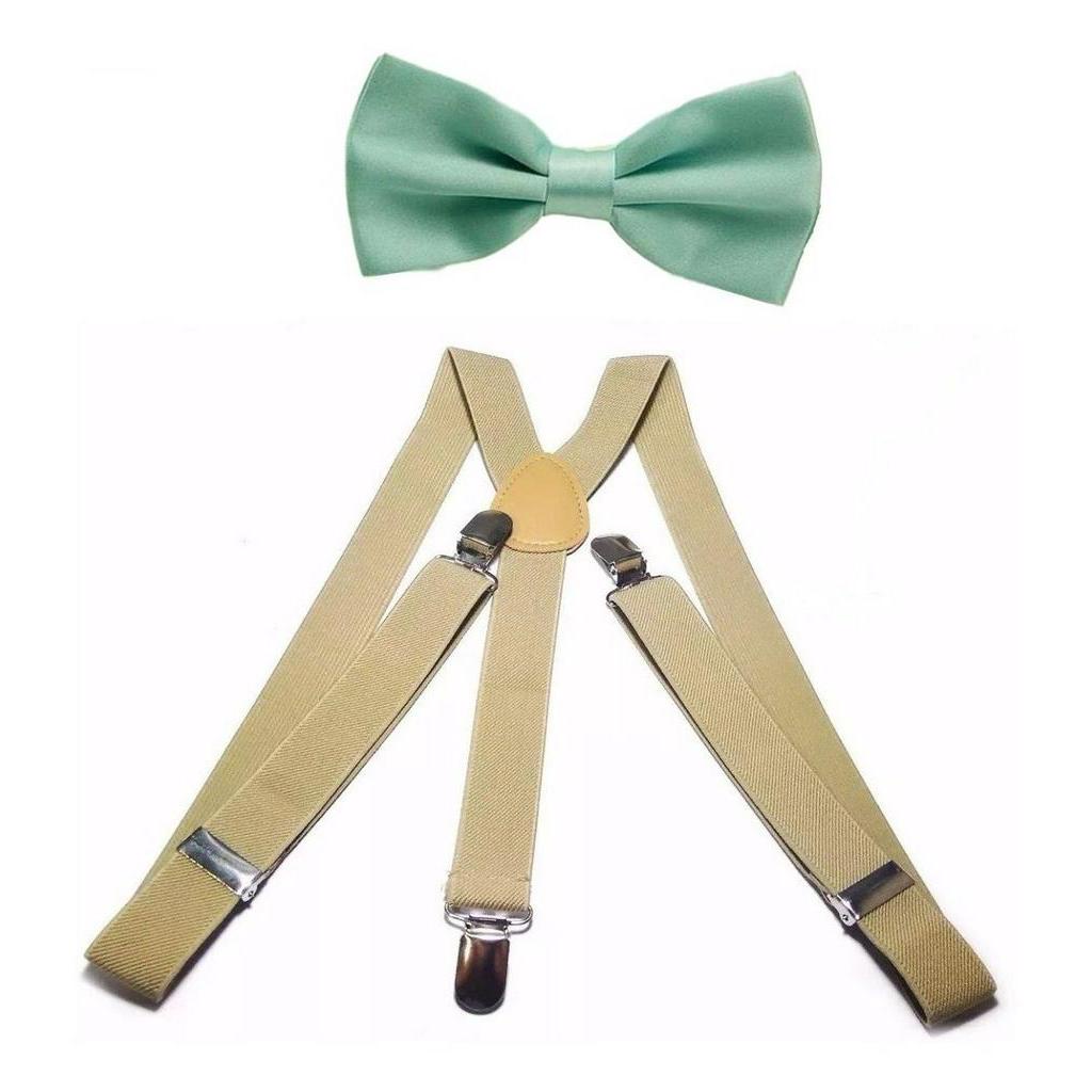Kit Suspensório Bege + Gravata Borboleta Verde Tiffany Adulto e Infantil