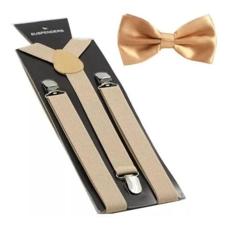 kit suspensório ajustável adulto masculino e feminino bege mais Gravatá borboleta
