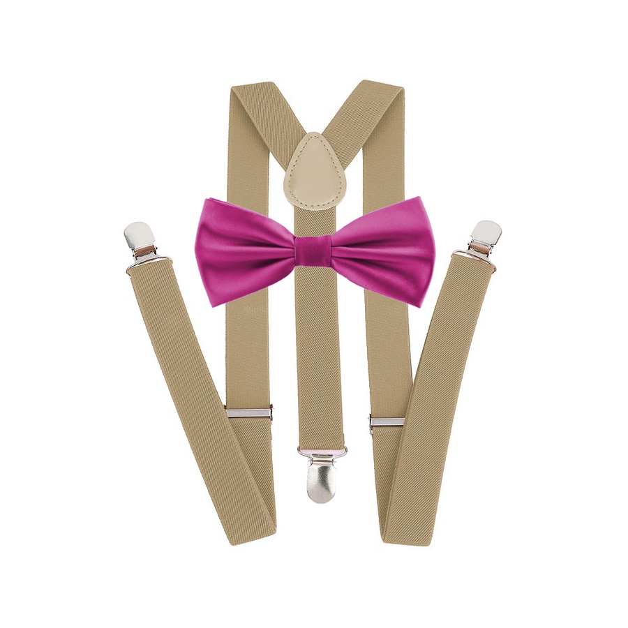 Kit Suspensório Bege + Gravata Borboleta  Rosa Pink W2S:244/247