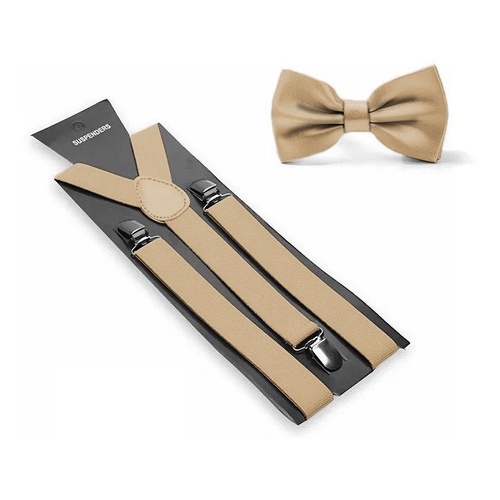 Kit Suspensório + Gravata Borboleta Bege Adulto Ou Infantil