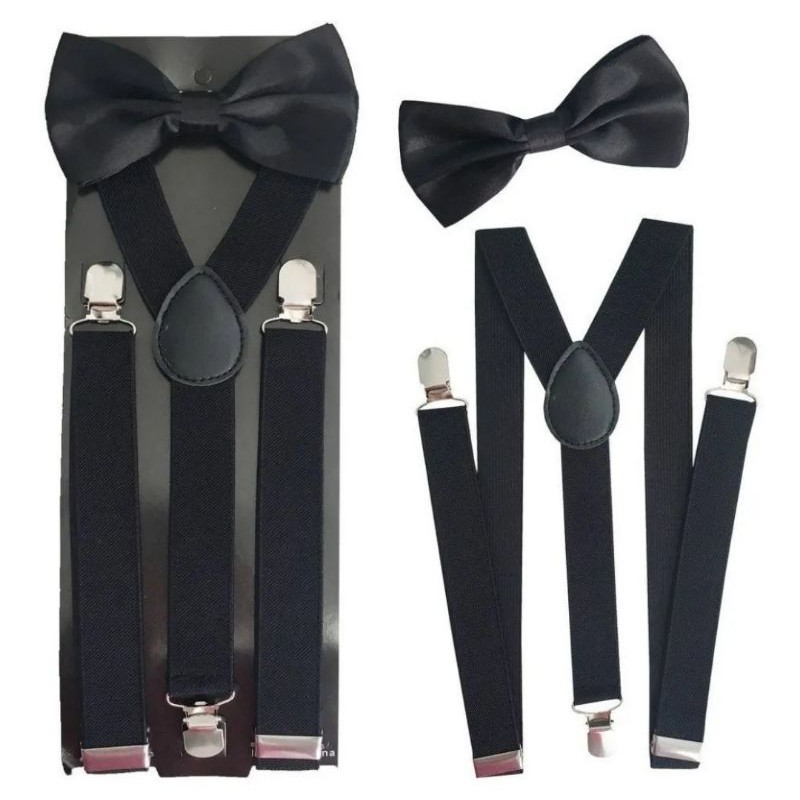 kit suspensório ajustável adulto masculino e feminino preto com gravata borboleta