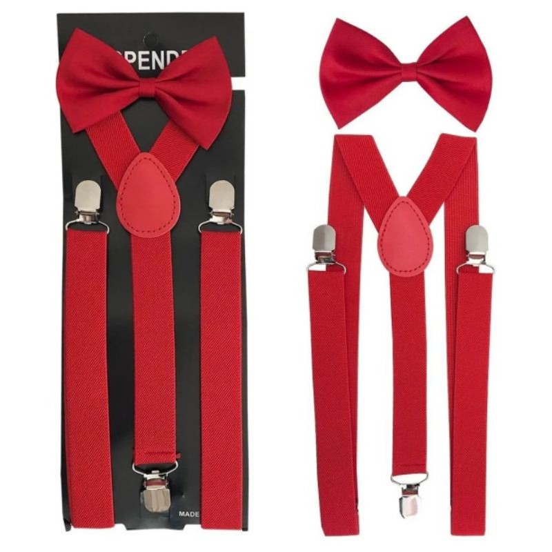 kit suspensório ajustável adulto masculino e feminino vermelho com gravata borboleta