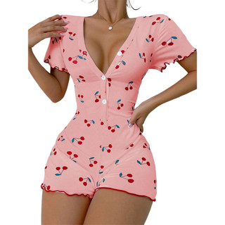 Pijama de mulher Macacão com folhos Body primavera verão Gola em V Manga curta Macacão Loungewear Macacão Pêssego XL