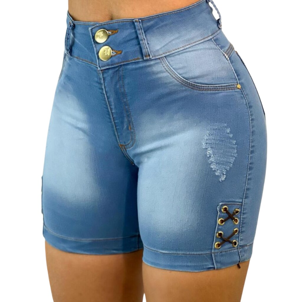 Short Bermuda Cocha Jeans Feminino Ciclista Cos Cintura Alto Elastano Lycra c/ Ilhós Ciclista Claro