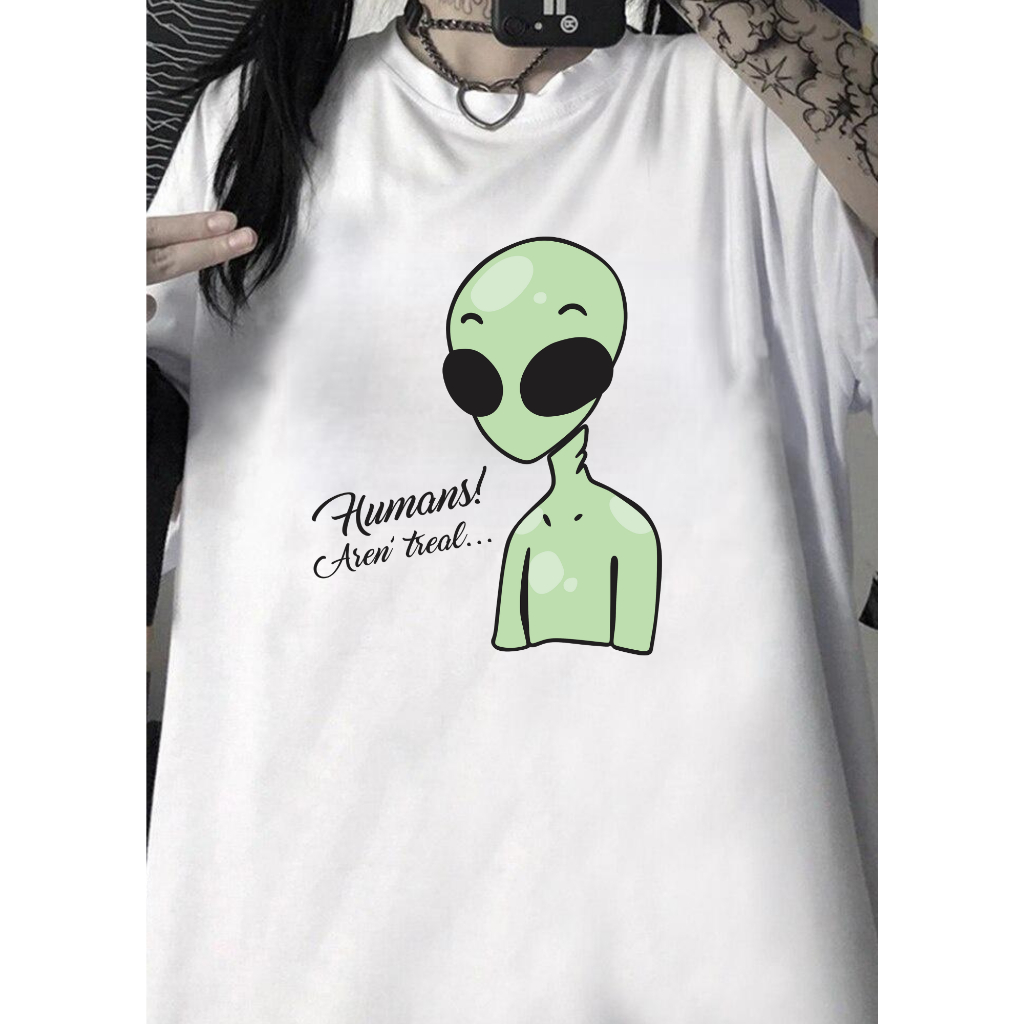Camiseta Cartoon ET Alien Humanos Não São Reais Camisa Poliéster Dry Fit Branca Casual