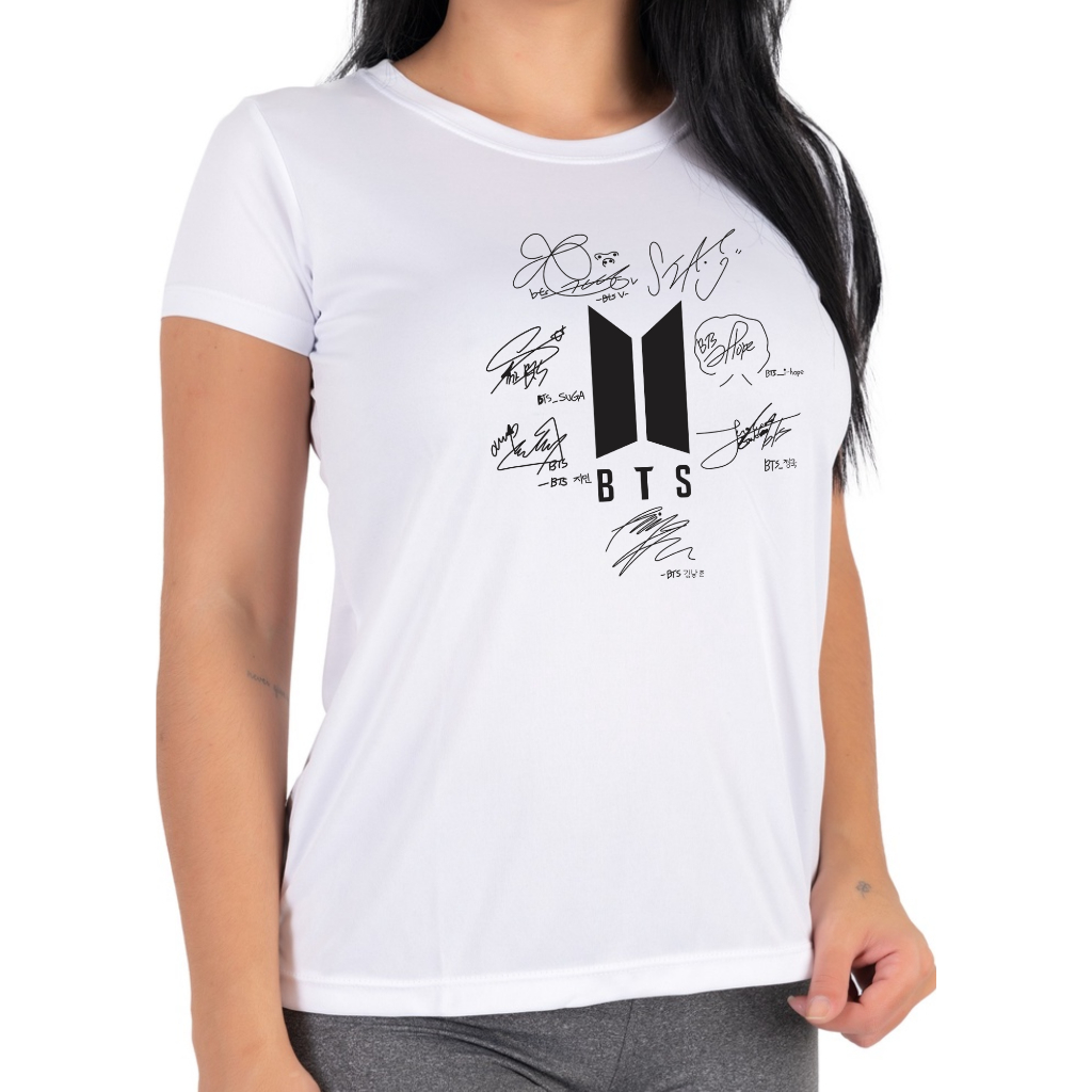 Camiseta Fã Club BTS Autógrafo Assinaturas Banda K-Pop Unissex Baby Look Feminina Camisa Masculina