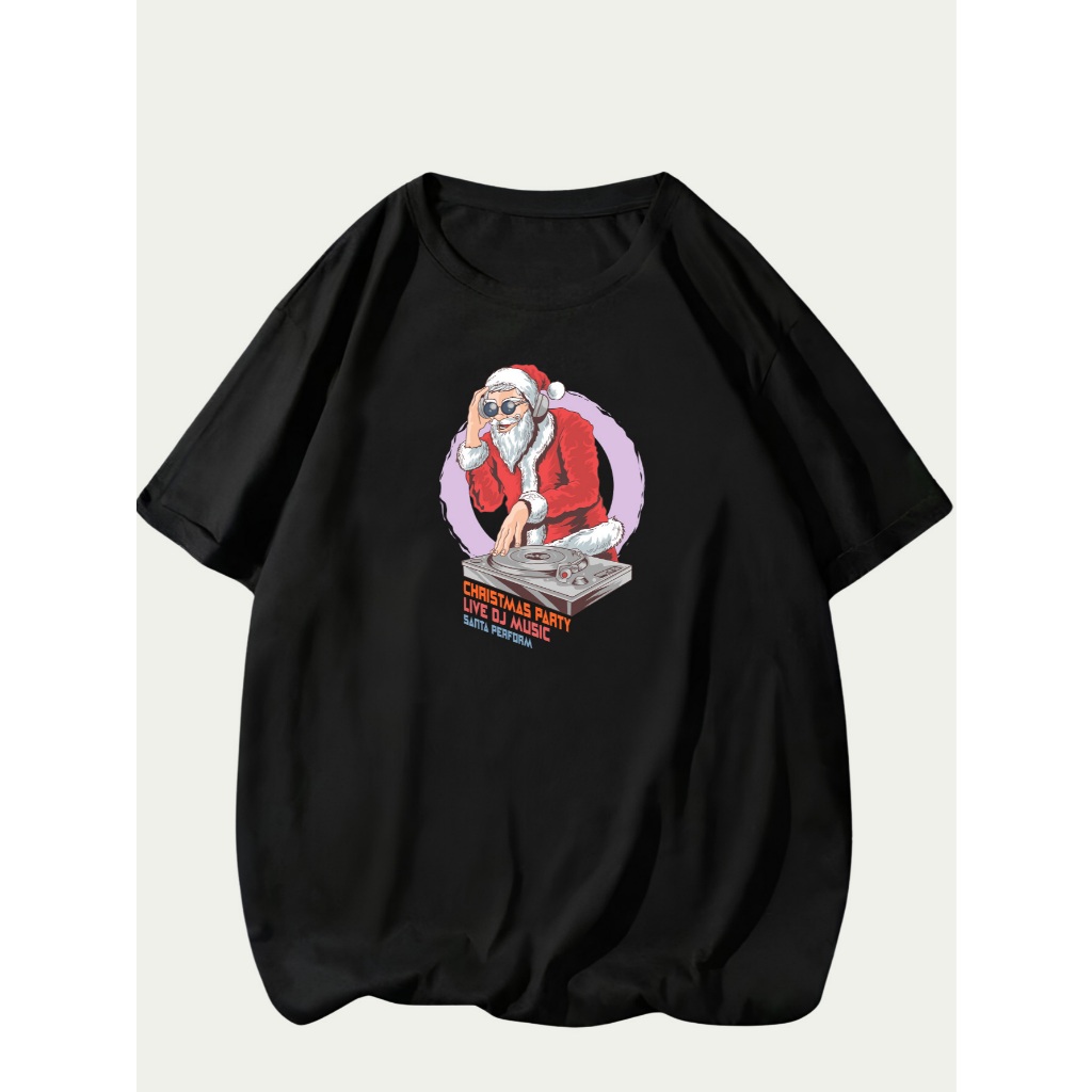 Camiseta Estampado Night Party Live Music Dj Papai Noel Masculina Streetwear Confort Algodão Manga Curta Casual