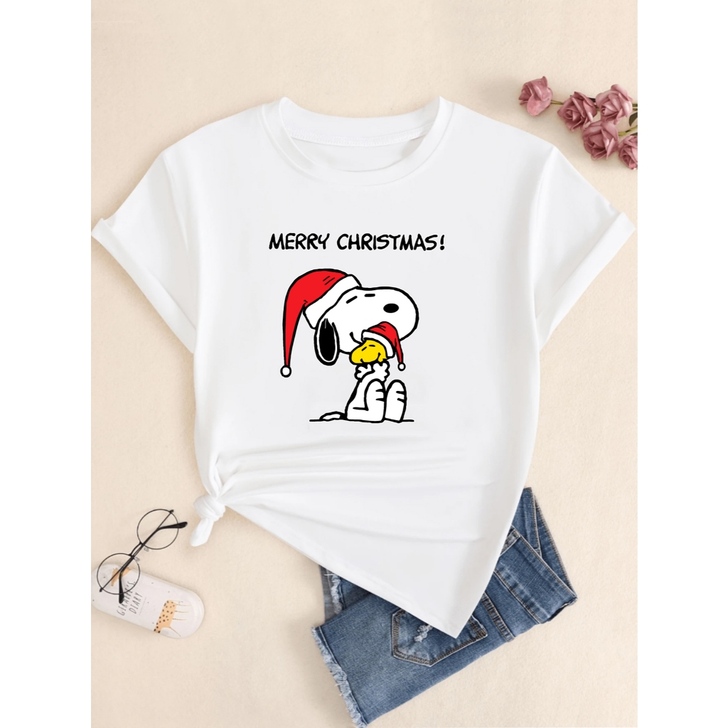 Camiseta Estampada Snoopy Merry Christmas Camisa Masculina Roupa Feminina Casual Algodão