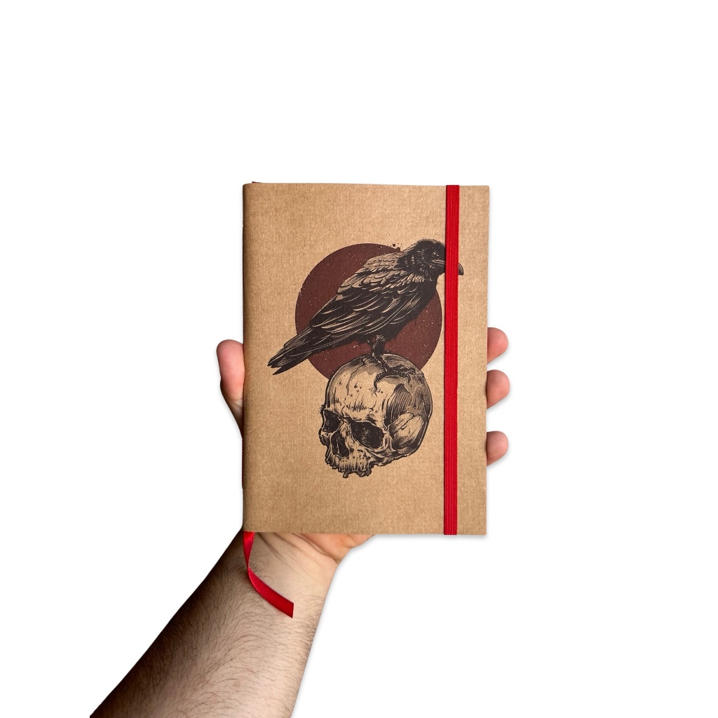 Sketchbook Caderno Corvo com Caveira com Elástico e Marca Página Aquarela