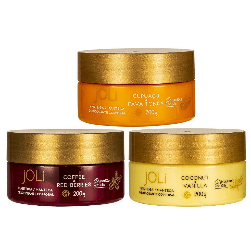 3 POTES DE JOLI MANTEIGA HIDRATANTE CORPORAL CUPUAÇU E FAVA TONKA, VANILLA E COCO, CAFÉ E FRUTAS VERMELHAS, AMBOS 200ML