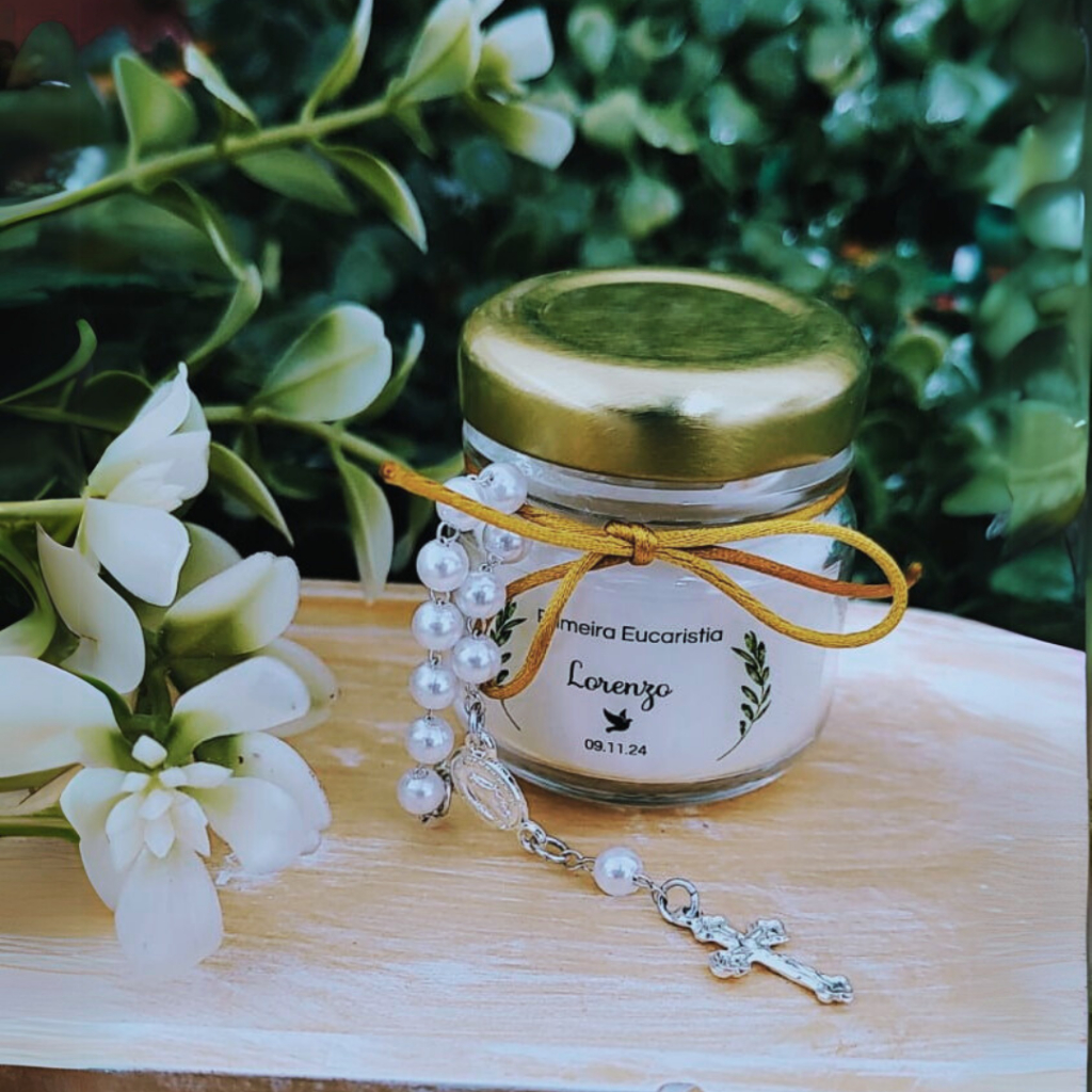 6 Velas Perfumadas com Mini Terço para Lembrancinhas de Batizado