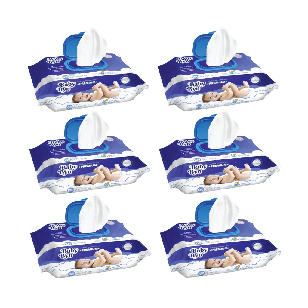 Kit 6 Pacotes Toalha Umedecida Baby Byn 600folhas (100uni Cada Pacote) Premium  Extrato de Camomila/ Erva doce