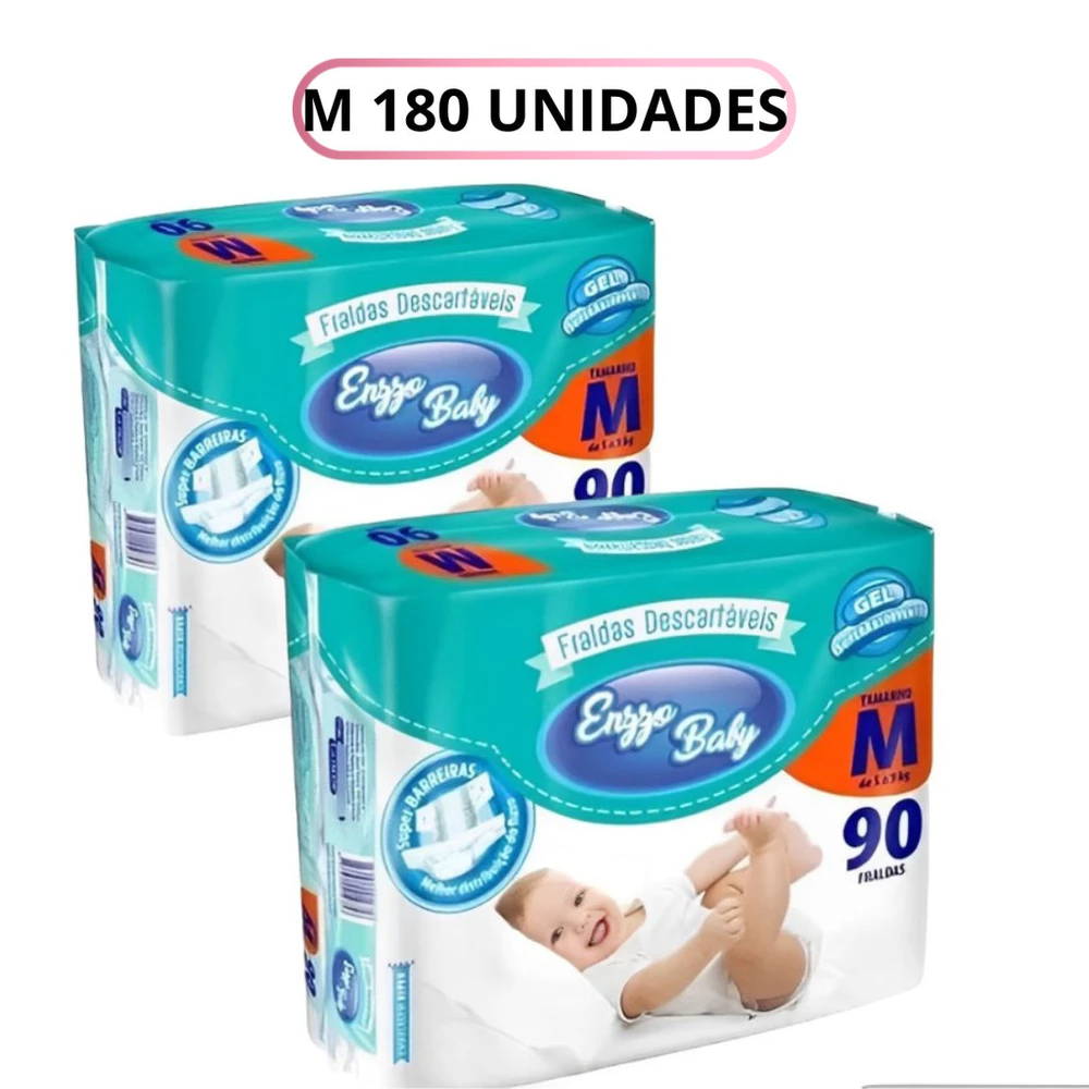 Kit 2 Pacotes Fralda Infantil Enzzo Baby M 5-9kg 90un cada - Total 180un