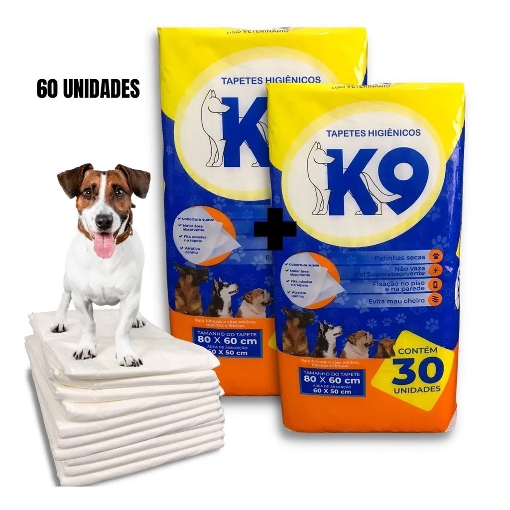 Kit 2 Pacotes Tapete Higiênico K9 Pet Para Cães Gatos 60 Un 80x60 Cm (30 un cada Pacote)