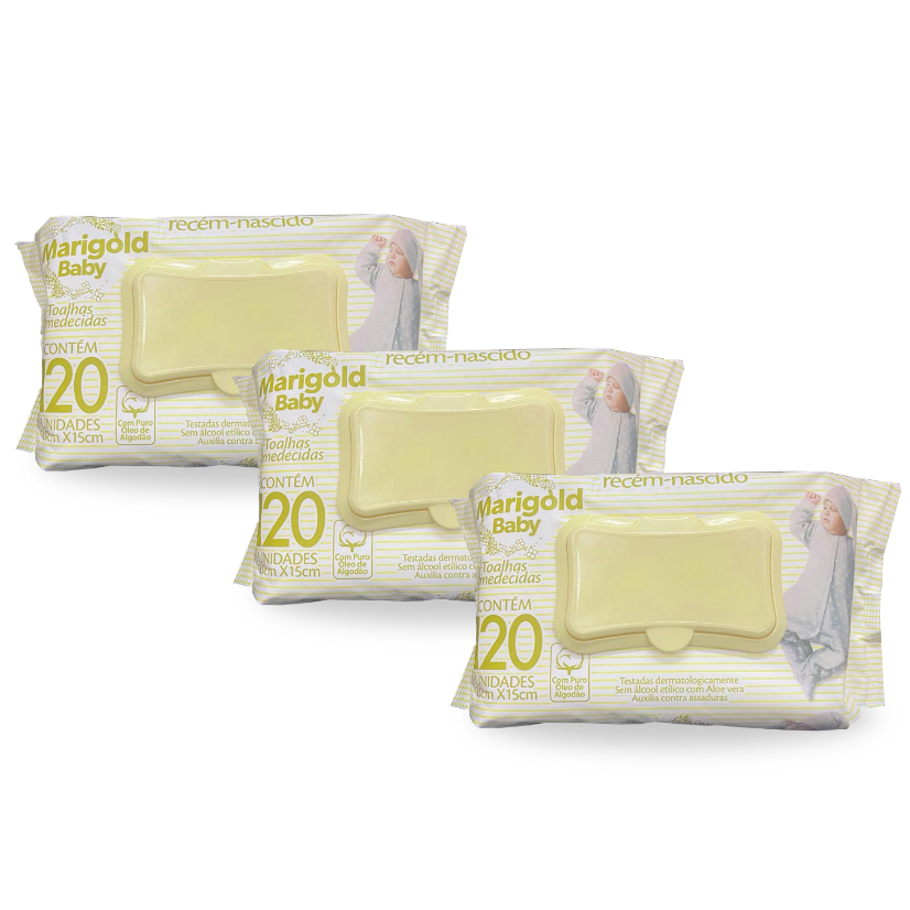 Toalha Umedecida para Higiene do bebê Marigold Baby Recem Nascido Sensitive com 360 Lenços (3 unidades)