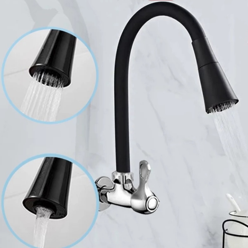 Torneira Semi Curvada FlexíVel Da Cozinha, Pia De Parede Preta, Cone Duplo Do Bocal