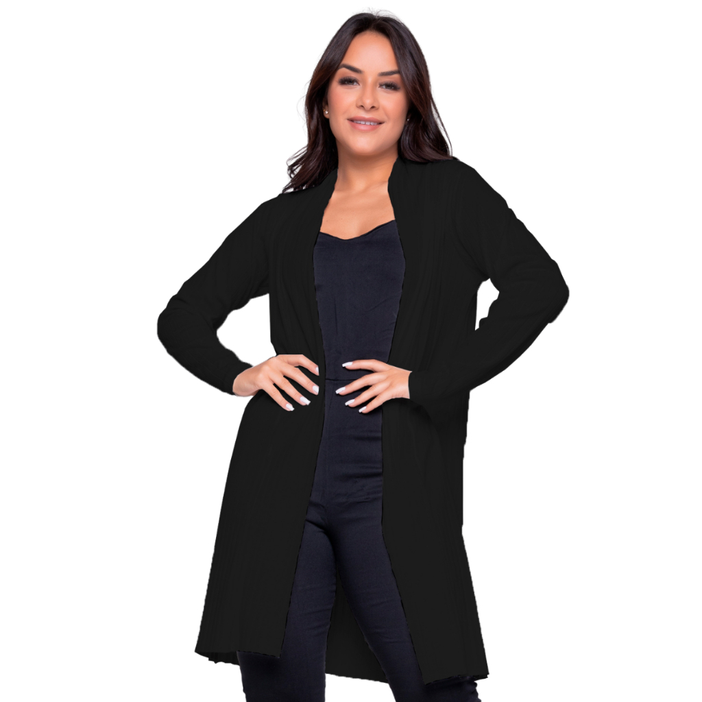 Cardigan Casaco Kimono Liso Ribana Feminino Manga Longa