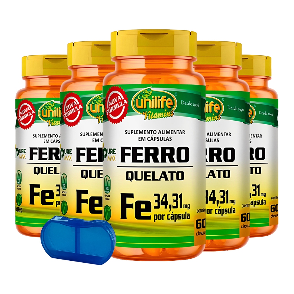 KIT 5x Ferro Quelato Unilife 60 Cáps + Porta Cápsulas