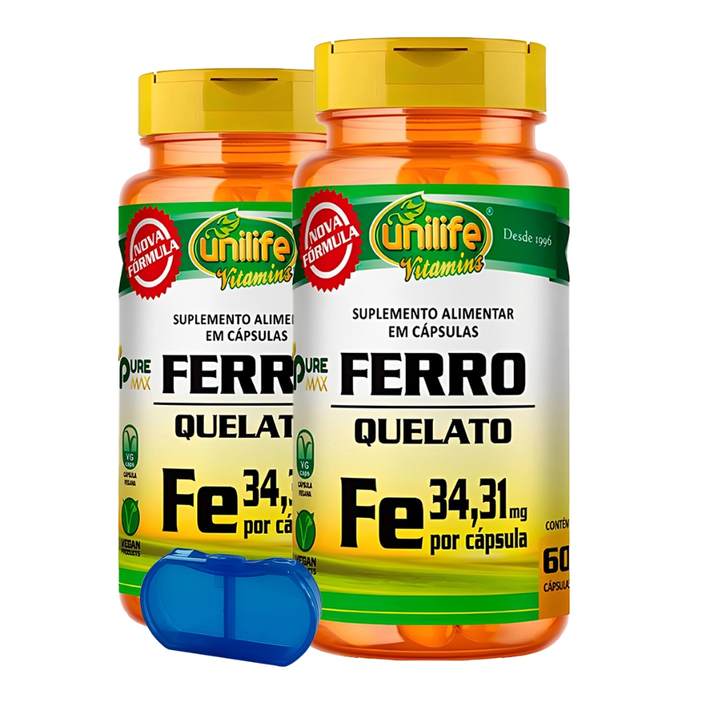 KIT 2x Ferro Quelato Unilife 60 Cáps + Porta Cápsulas