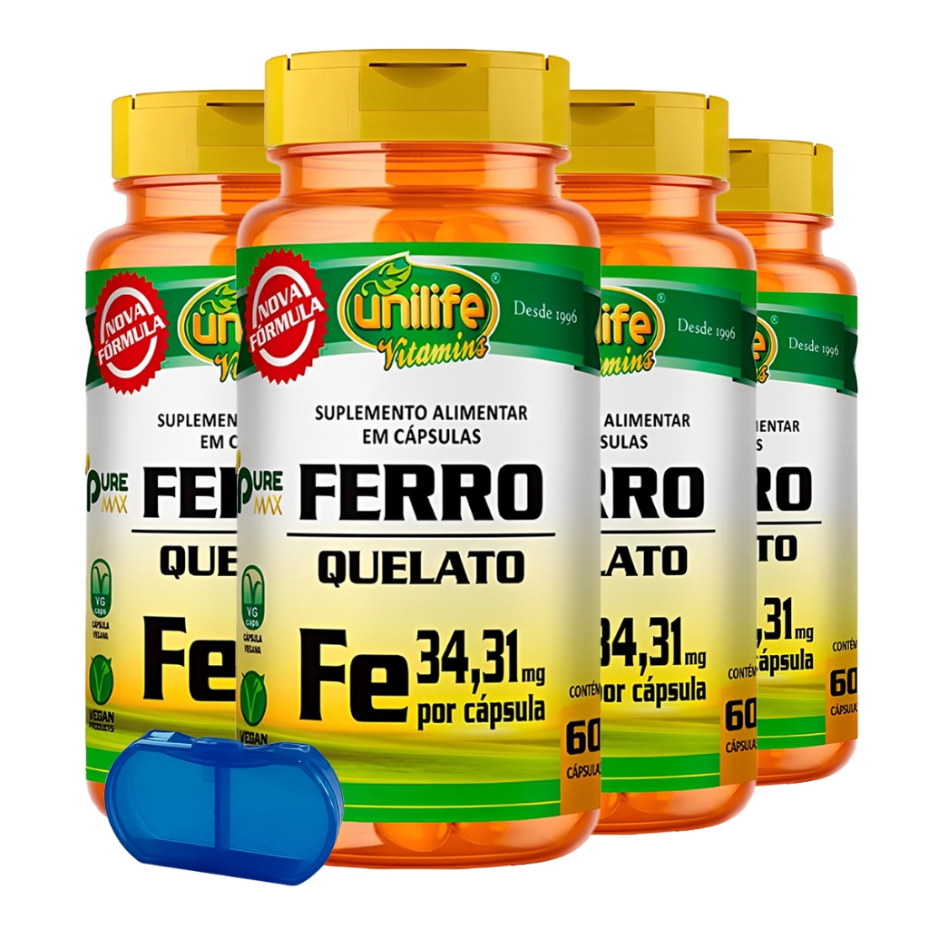 KIT 4x Ferro Quelato Unilife 60 Cápsulas c/Porta Cápsulas