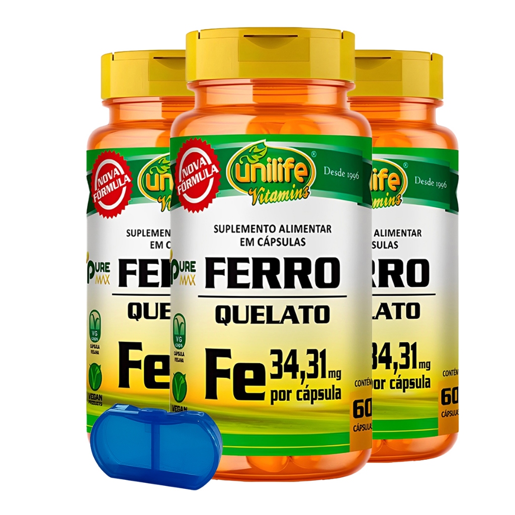 KIT 3x Ferro Quelato Unilife 60 Cápsulas + Porta Cápsulas