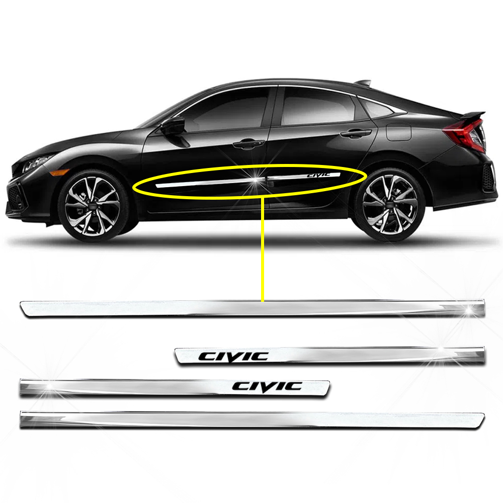 Aplique Friso Lateral Kit Cromado Slim Inferior Civic 2008 á 2023  4 Portas