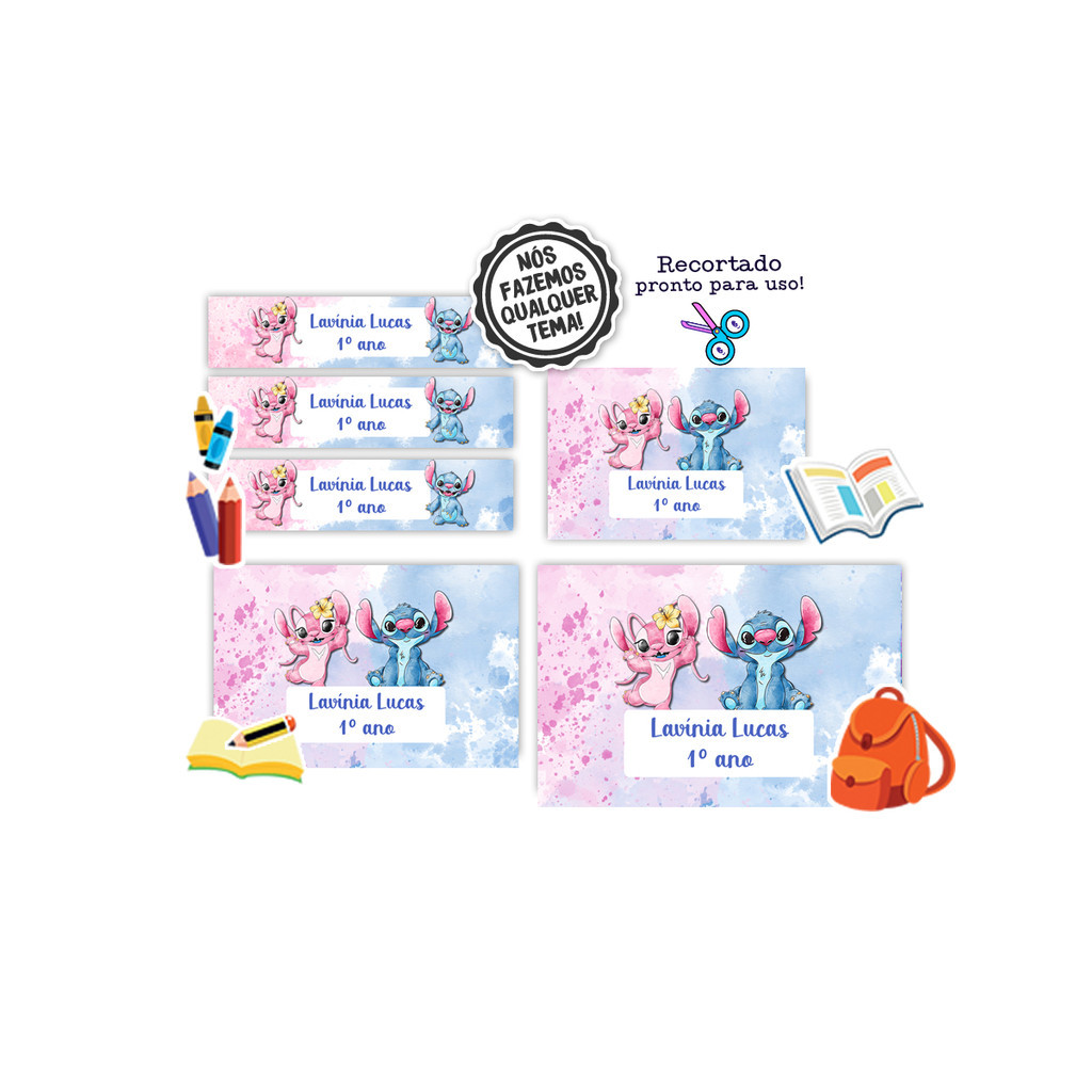 40 Etiqueta Escolar Personalizada Cha revelação Stitch e Angel