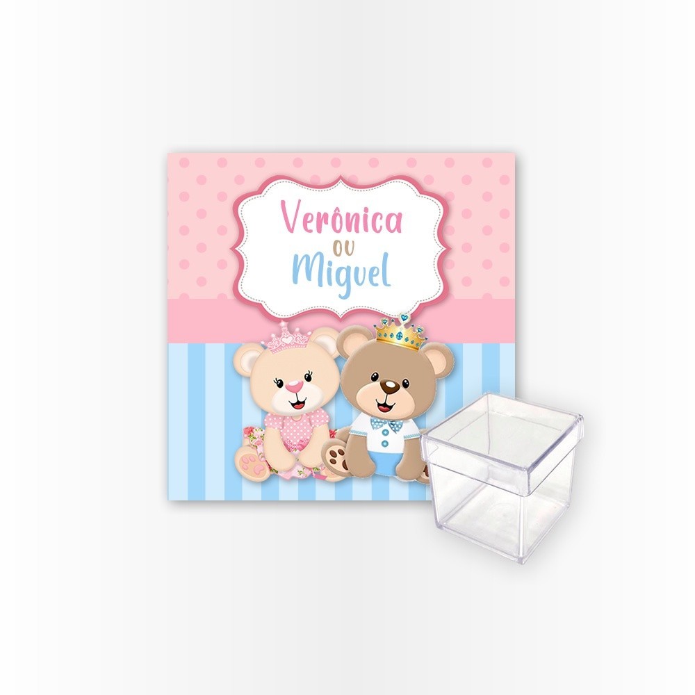 15 Adesivo Caixa Acrílica 5x5 Personalizado Cha Revelação Ursinhos