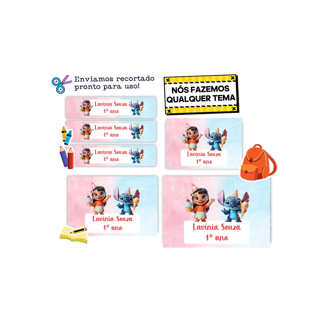 40 Etiqueta Adesiva Escolar Personalizada material escolar Personalizados Lilo stitch Sorvete