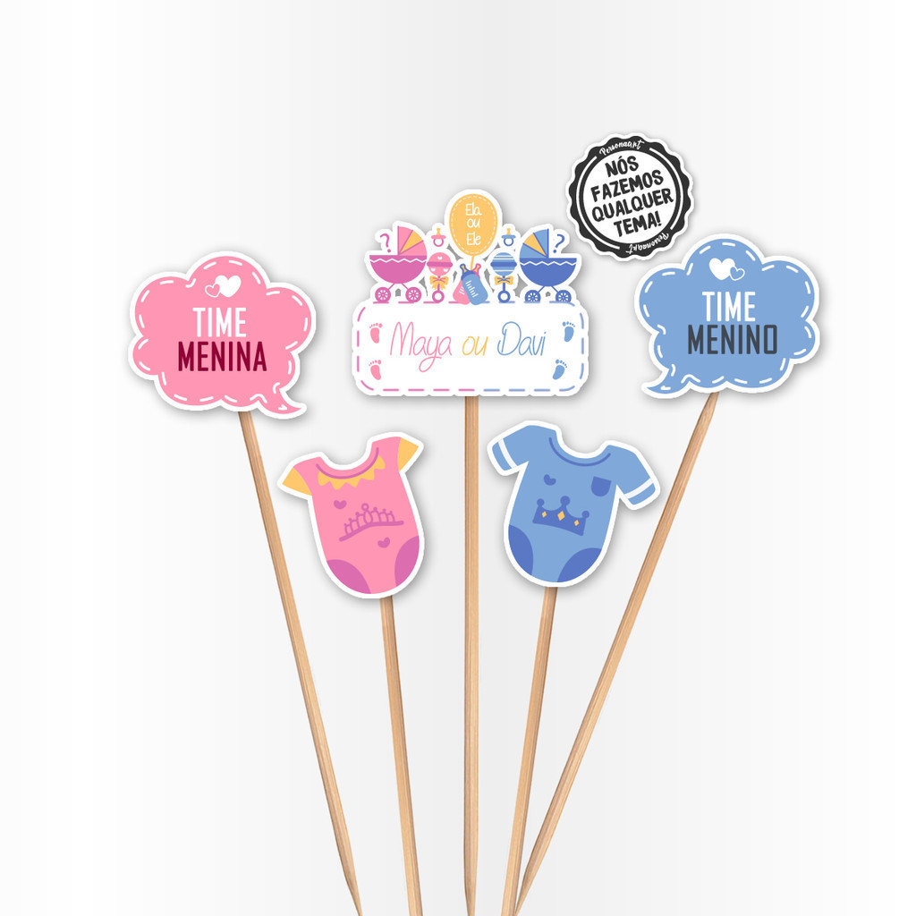 Topo de Bolo Aplique Tag Topper Topo Kit Festa Infantil Personalizado Lembrancinha Impressão laser Chá Revelação